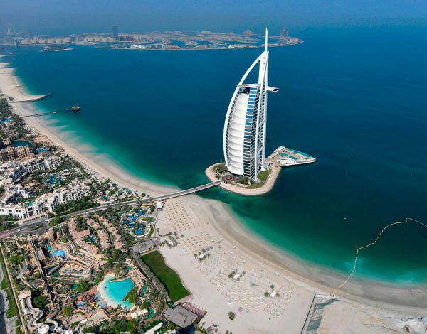 This picture taken on July 8, 2020 shows an aerial view of the Burj al-Arab hotel in the Gulf emirate of Dubai, during a government-organised helicopter tour. (Photo by KARIM SAHIB / AFP) (Photo by KARIM SAHIB/AFP via Getty Images)